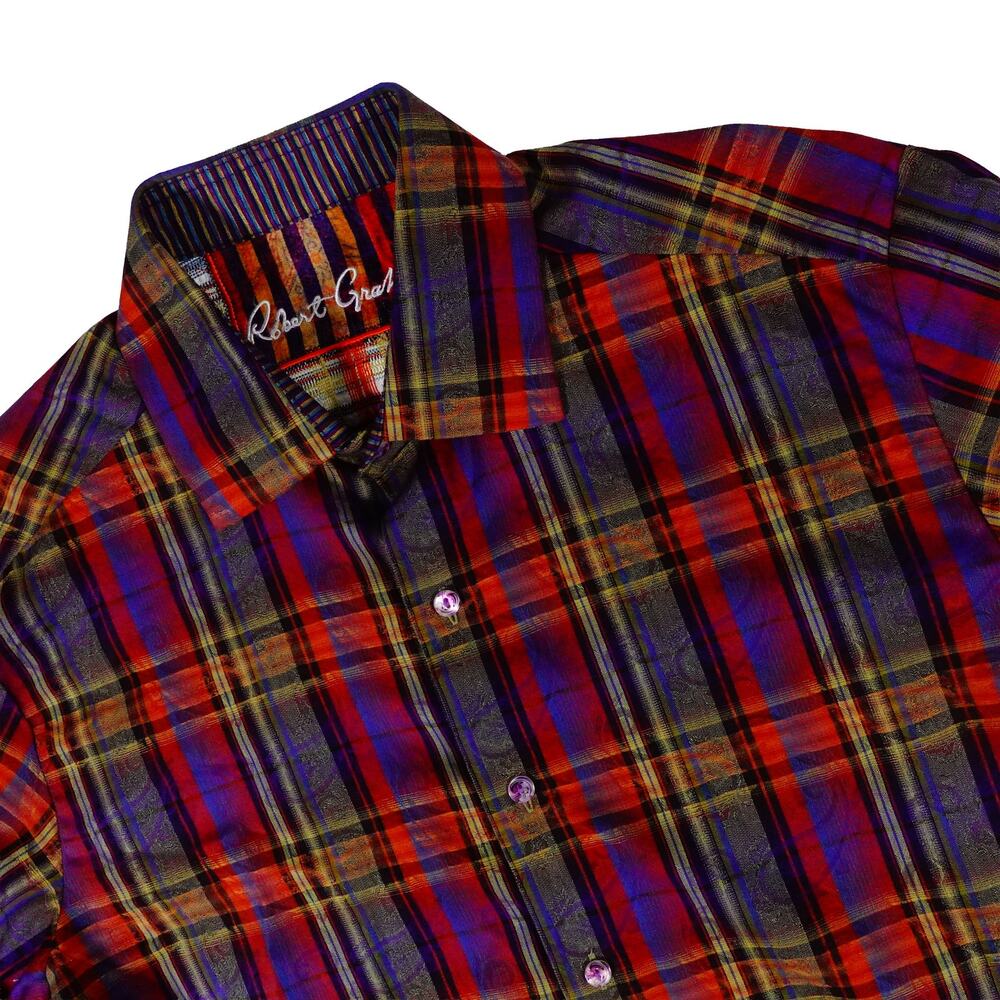 Robert Graham Flip Cuff Geometric Plaid Button Up Shirt Men's Medium
